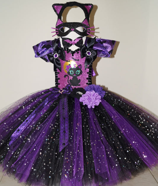 Purple and Black Halloween Cat Tutu Dress