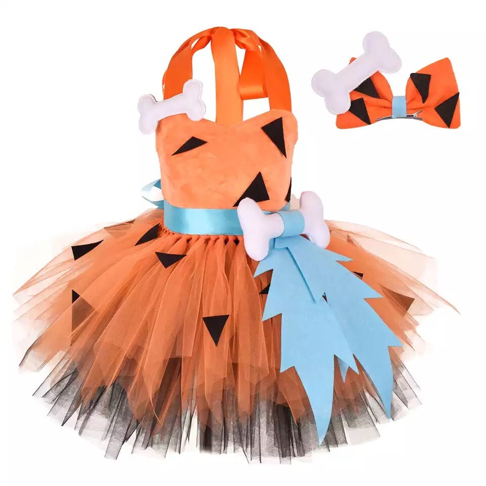 Flinstones Pebbles Costume Kids Girls Halloween Cosplay Costume Tutu Dress With Hairpin Stage Performance Costume