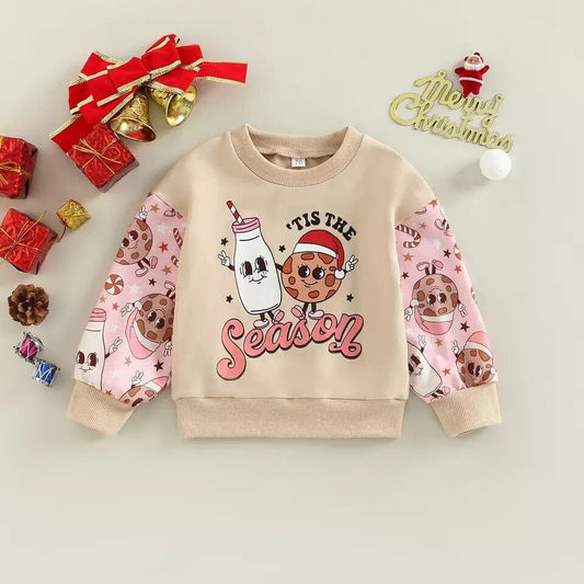 0-4Y Christmas Baby Girls Boys Lovely T Shirts Letter Cookie Print Patchwork Long Sleeve Sweatshirt Top