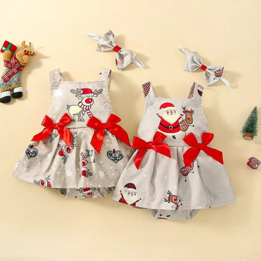 0-3Y Christmas Baby Girls Boy Romper Dress 2pcs Xmas Deer Printed Sleeveless Ruffles Jumpsuit Hairband