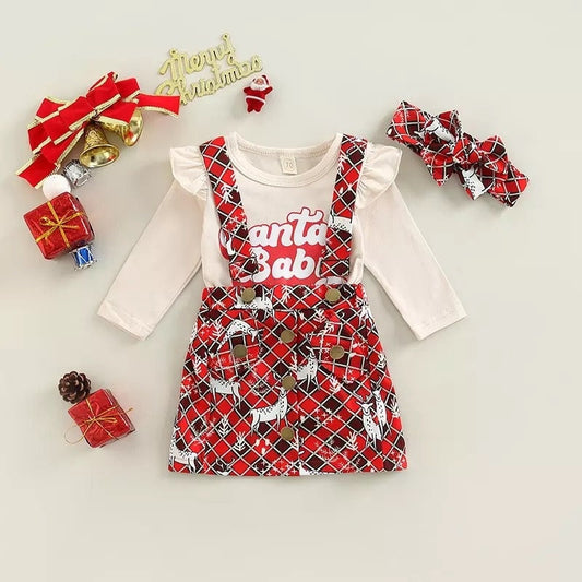 0-18M Christmas Baby Girls 3pcs Clothes Sets Santa Letter Fly Sleeve Romper+Plaid Printed Suspender Skirts
