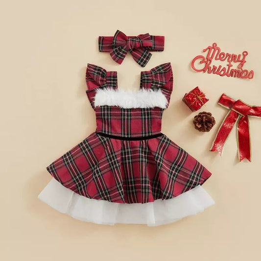 2pcs Baby Girls Sweet Christmas Dress With Hairband Flying Sleeve Layered Tulle Pleated Plaid Printed A-Line Dress