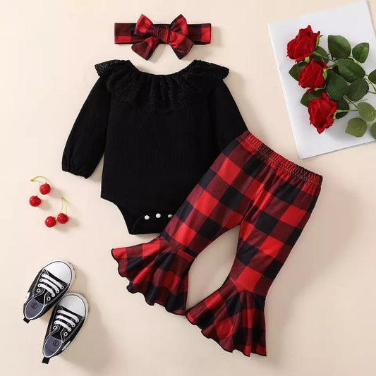 0-18M Infant Baby Girls Christmas Clothes Sets 3pcs Lace Collar Long Sleeve Romper+Plaid Printed Pants Hairband