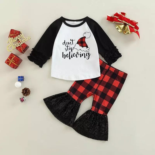 0-4Y Christmas Kids Girls Lovely Clothes Sets 2pcs Xmas Letter Patchwork Long Sleeve Pullover Top+Plaid Flare Pants
