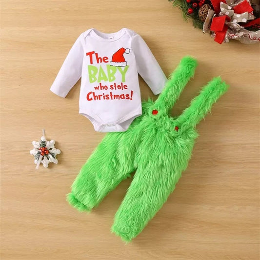 Grinchmas Baby Boys Girls 0-24M Infant Baby Christmas Clothes Set Letter Print Long Sleeve Romper + Fur Plush Suspender Pants/Skirts