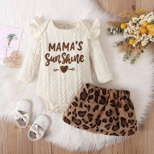 0-18m Toddler Infant Newborn Baby Girl Clothes Set Letter Knit Romper Leopard Skrits Outfits Clothes