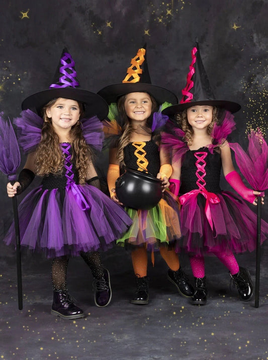 Girls Deluxe Witch Trio Tutu Costume Dress Hat Broom Set