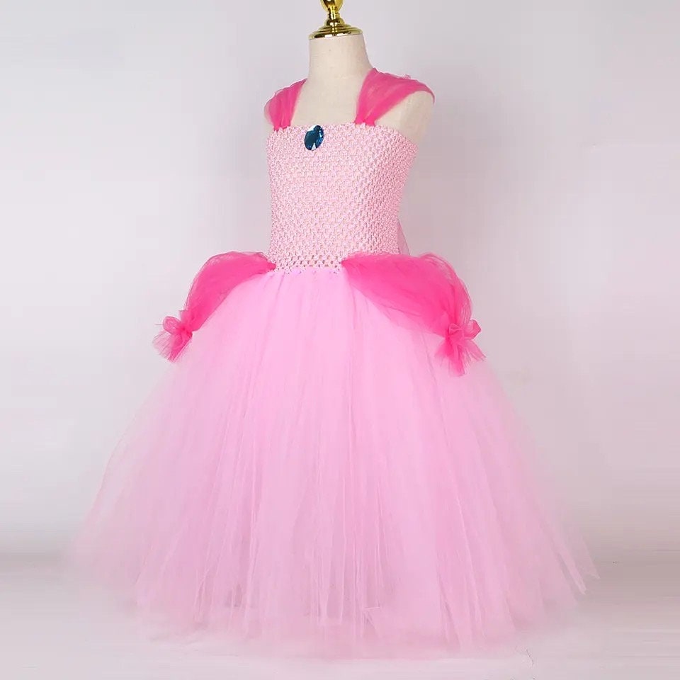 Princess Peach Tutu Costumes for Girls Birthday Halloween Long Tutu Dress for Kids Cartoon Game Cosplay Outfits Party Ball Gown
