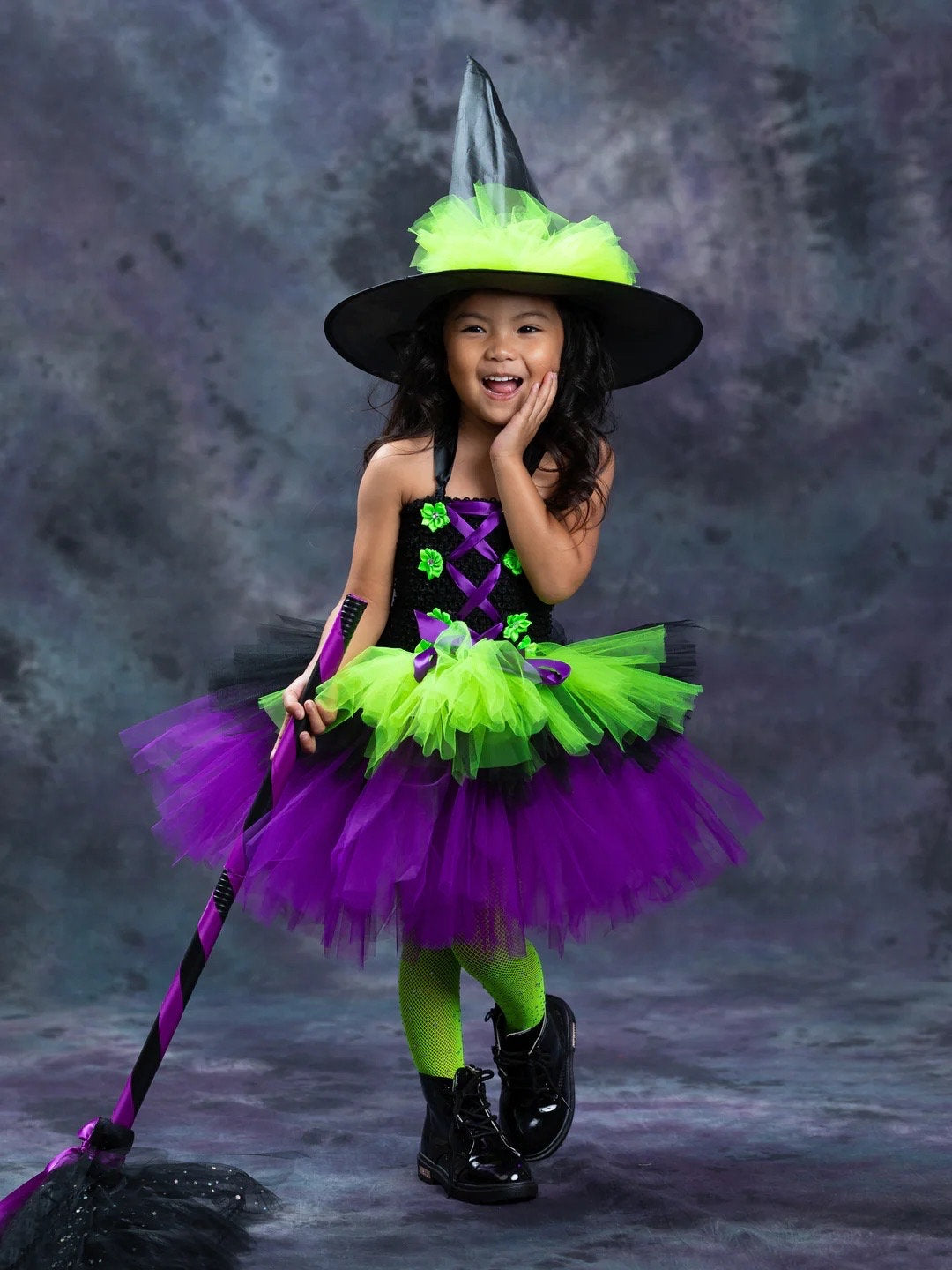 Witch Hallowen Costume for Girls Witches Tutu Dress with Hat Carnival Cosplay Costumes for Kids Girl Outfit Fluffy Ball Gown