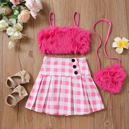 2-8Y Barb Margot Children Kids Baby Girls Clothes Sets Toddler Outfits Summer Plush Vest Tops Plaid Ruffle Skirts Crossbody Baby