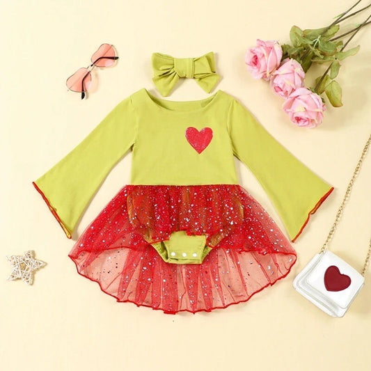 0-2Y Newborn Grinchmas Baby Girls 2Pcs Outfits Heart Print Long Sleeves Sequin Mesh Romper Dress and Headband for Toddler Cute Clothes