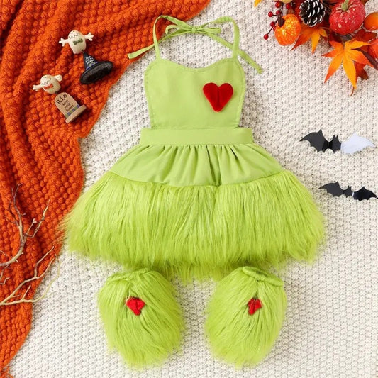 Grinchmas Baby Girls Baby Girl 2Pcs Faux Fur Tulle Christmas Outfits Sleeveless Halter Dress + Leg Warmers Set Green Halloween Christmas