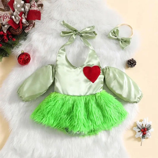 0-18M Baby Girls Christmas Cute Romper 2pcs Outfits Long Sleeve Halter Heart Print Jumpsuits Dress with Headband