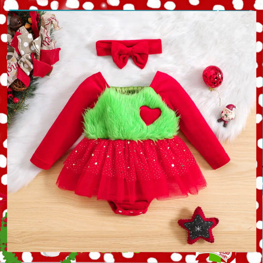 Baby Girls Christmas Green Furry Heart Dress