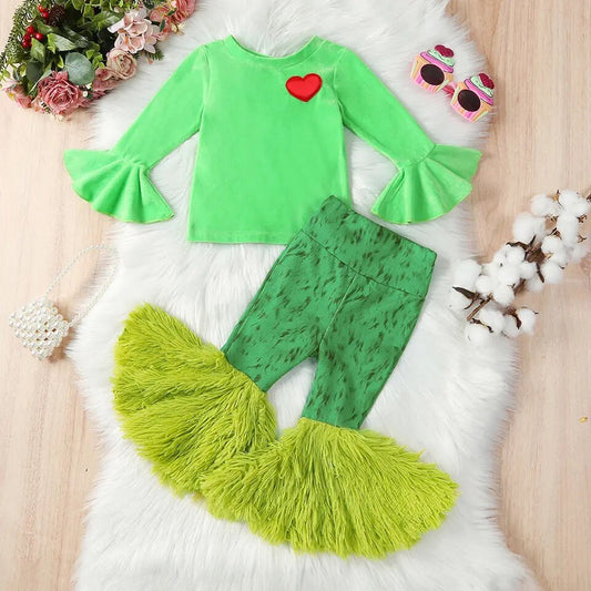 Grinchmas 1-6Y Christmas Kids Girls Autumn Clothes Sets 2pcs Heart Print Long Sleeve Velvet Pullover Tops+Fur Flare Pants