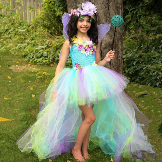 Butterfly Flower Jungle Fairy Flower Girls Fairy Dresses for Kids Wedding Party Halloween Costumes High Low Tutus Outfit with Butterfly Wing
